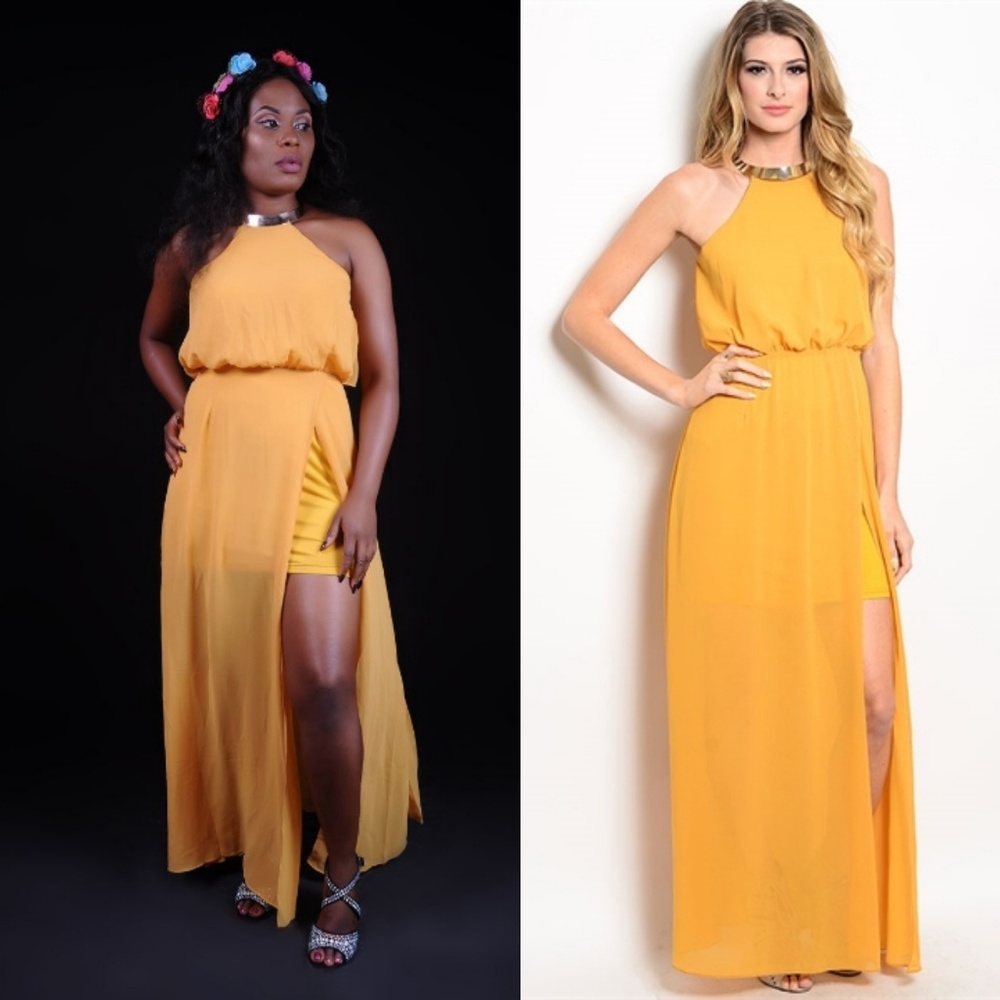 🆕️Mustard Gold Tone Necklace Halter Maxi Dress